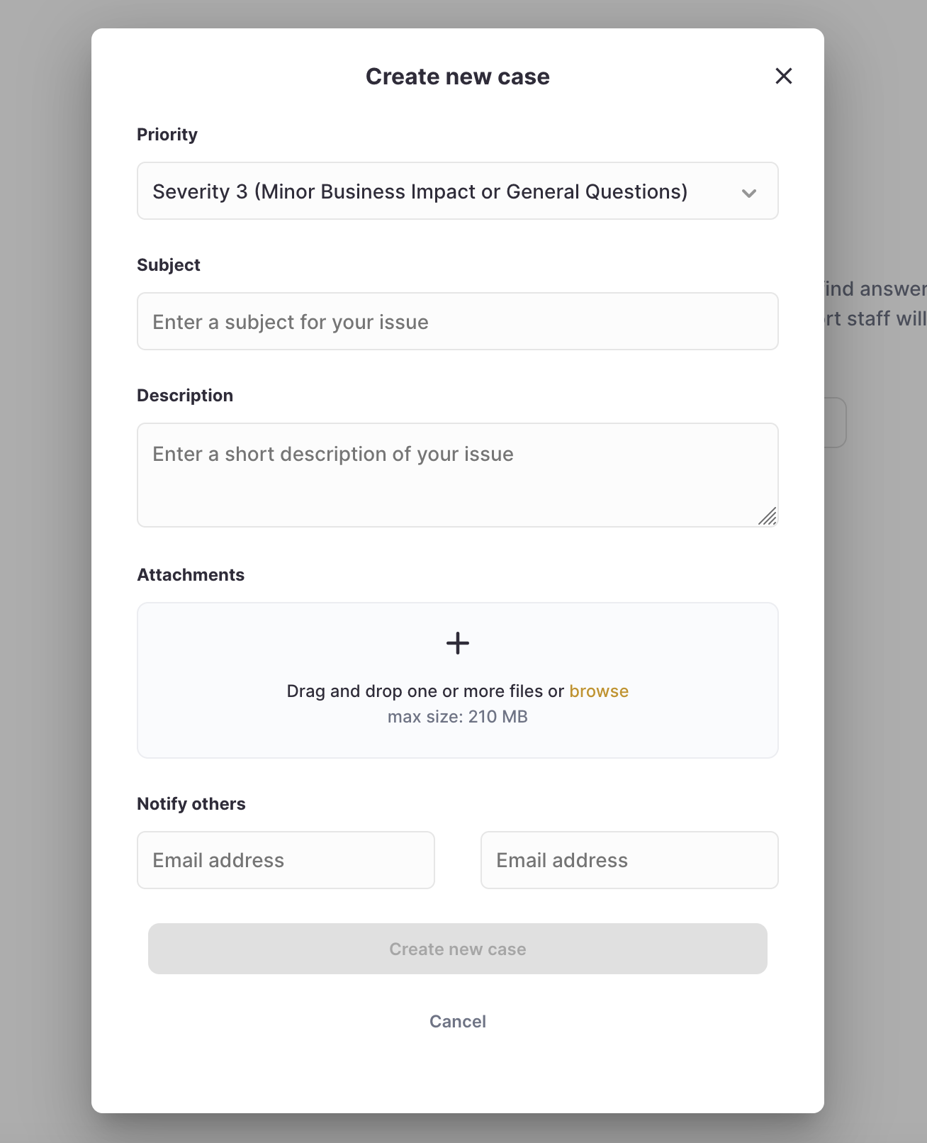 Support Case Form in ClickHouse Cloud